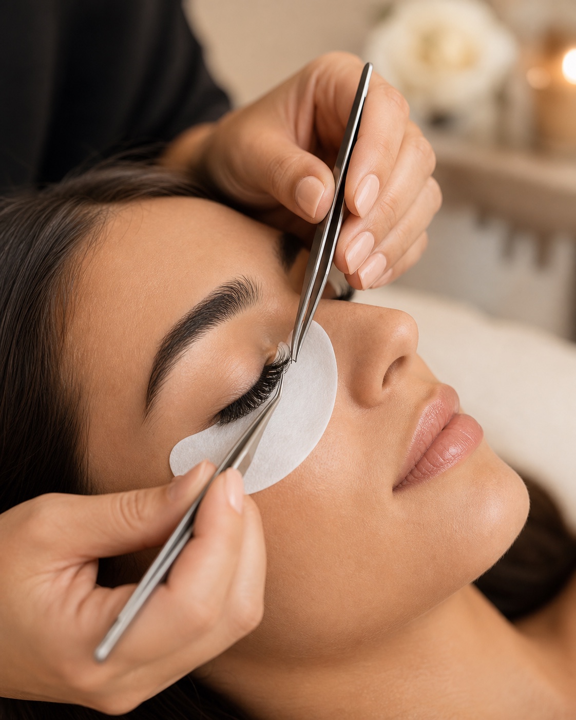 Eyelash extensions being precisely applied in a luxury studio